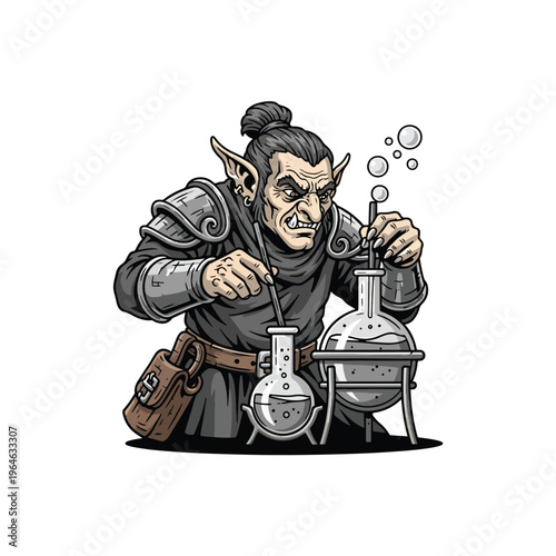 Malevolent fantasy creature alchemist brewing potion in a dark laboratory illustration