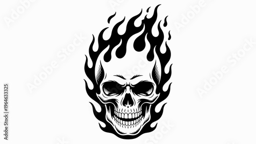 A striking black and white illustration of a skull engulfed in flames