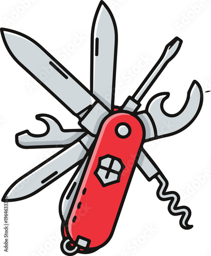 Swiss army knife with multiple tools and red handle