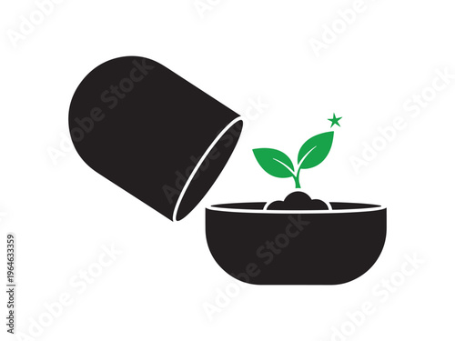 Open pill capsule with a green seedling growing from the soil inside, symbolizing natural remedies and health