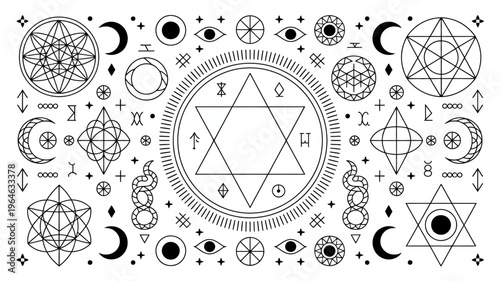 Intricate black and white geometric patterns with celestial and mystical symbols