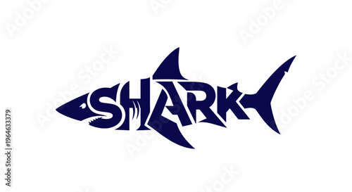 Stylized Shark Typography Logo Design with Bold Blue Text.