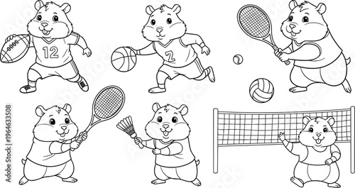 Cute hamster sports vector set with basketball, tennis, badminton and volleyball, funny cartoon athlete outline illustration collection