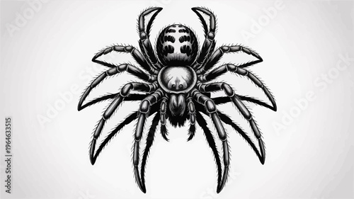 Detailed black and white illustration of a spider with ornate body markings