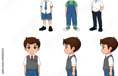 Boy Character Design in Different Outfits with Casual and Formal Poses for School and Fashion Illustrations