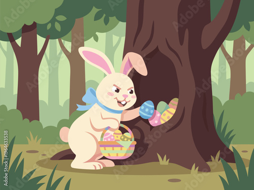 Easter Bunny Hiding Colorful Eggs in Forest Tree Hollow.