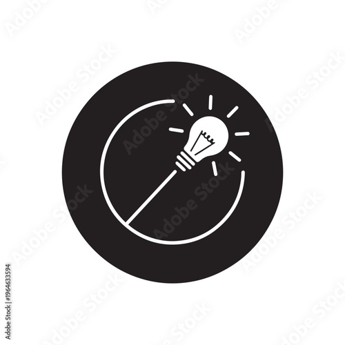 White light bulb icon glowing inside a black circle with a curved line, representing ideas and innovation, energy saving