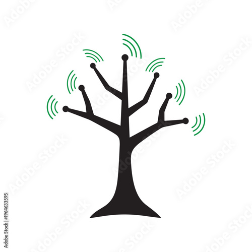 Abstract tree with green wi-fi signal waves emanating from branches, representing network connectivity and growth, wireless technology, information fl
