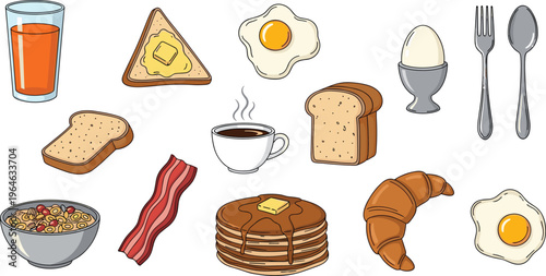 Breakfast Food Icon Set Featuring Toast, Eggs, Coffee, Pancakes, Croissant, Bacon, Cereal, Juice, and Morning Meal Items for Menu Design
