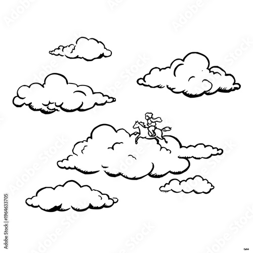 Minimalist line art illustration featuring a whimsical character riding a horse across fluffy clouds in a dreamy sky setting for creative design projects and concept art