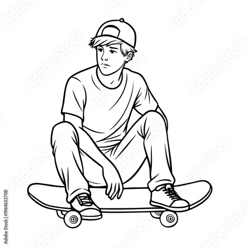 Teen boy sitting on skateboard in casual outfit with contemplative expression