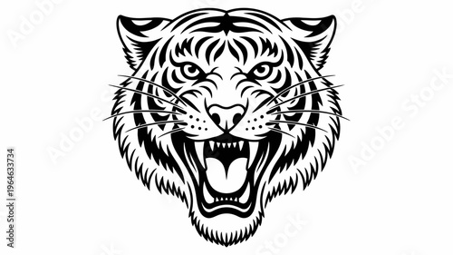 A fierce black and white illustration of a roaring tiger s head
