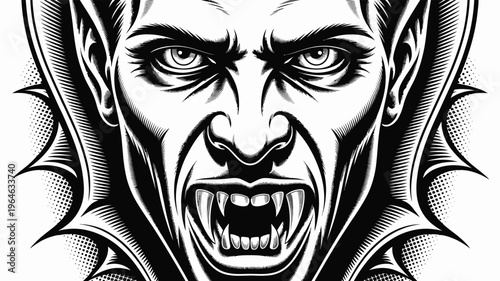 Intense gaze of a vampire with sharp fangs and detailed wing like ears