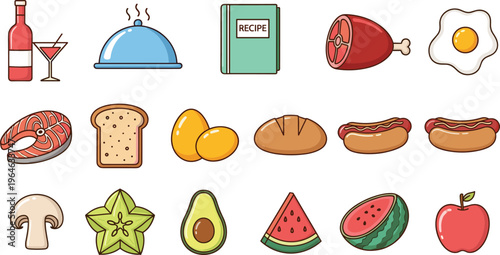 Food Icon Set Featuring Meat, Bread, Eggs, Hot Dog, Fruits, Vegetables, Wine, and Recipe Elements for Cooking and Menu Design
