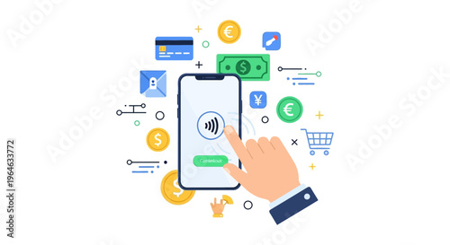 Mobile Payment and Digital Finance Concept. Hand using smartphone for contactless transaction, surrounded by credit card, money, and global currency icons.