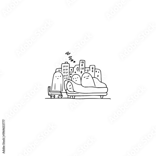 Whimsical hand drawn sketch of cute ghostly figures relaxing together on a cozy couch in a stylized urban city landscape with minimalist lines and playful doodle vibes