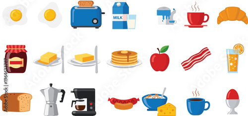 Breakfast Food and Kitchen Appliance Icon Set Featuring Toaster, Coffee Maker, Pancakes, Eggs, Milk, Jam, Croissant, Bacon, and Morning Meal Items