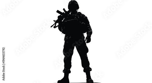 Striking vector graphic illustration depicting a military soldier silhouette standing with a rifle.