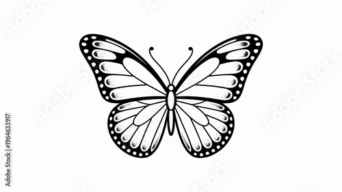 A detailed black and white illustration of a monarch butterfly in flight