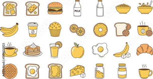 Breakfast Food Icon Set Featuring Bread, Cheese, Burger, Milk, Coffee, Pancakes, Eggs, Fruits, Cereal, and Bakery Items for Morning Menu Design