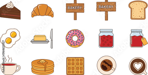 Breakfast and Bakery Icon Set Featuring Pancakes, Donut, Coffee, Eggs, Croissant, Bread, Jam, Butter, and Dessert Items for Cafe Menu Design