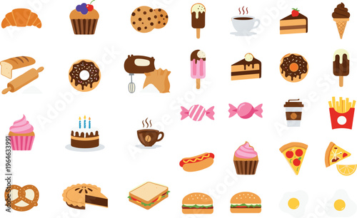 Food and Dessert Icon Set Featuring Croissant, Cupcake, Donut, Coffee, Pizza, Burger, Candy, Cake, and Snacks for Menu and Cafe Design