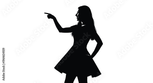 Dynamic vector illustration of a woman in silhouette pointing her finger towards the right side.