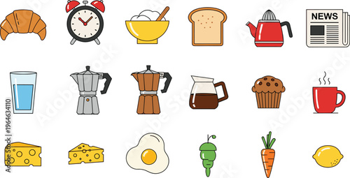 Breakfast Food and Morning Routine Icon Set Featuring Coffee, Bread, Cheese, Egg, Juice, Croissant, Newspaper, and Kitchen Items for Daily Lifestyle Design