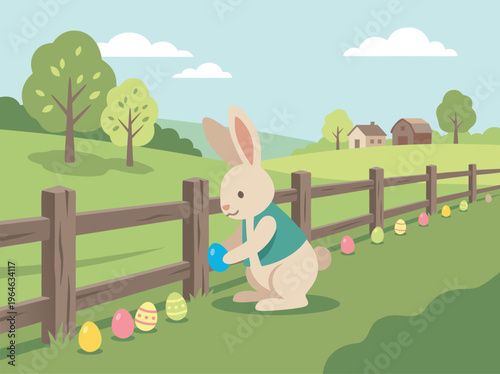Easter Bunny Hiding Eggs in a Rural Landscape.