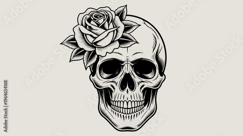 A striking black and white illustration of a skull adorned with a rose