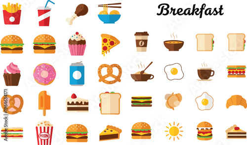 Breakfast and Fast Food Icon Set Featuring Burgers, Pizza, Coffee, Donuts, Sandwiches, Eggs, Desserts, and Snacks for Menu and Cafe Design
