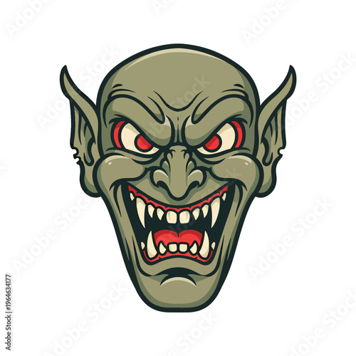 Intimidating goblin creature mascot vector illustration with sinister grin and red eyes