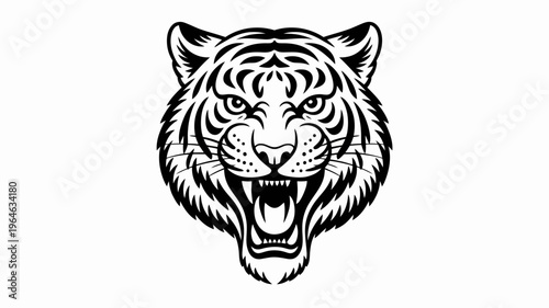 Detailed black and white illustration of a tiger s face with an open mouth