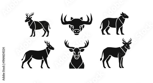Collection of various deer and bull silhouettes in black and white.