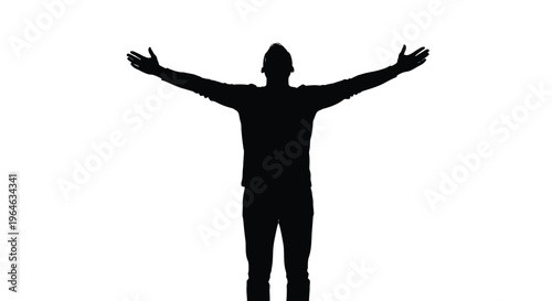 Silhouette vector illustration of a triumphant person standing with arms wide open against white background