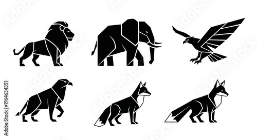 Geometric Black Silhouettes of Wild Animals on White Background.