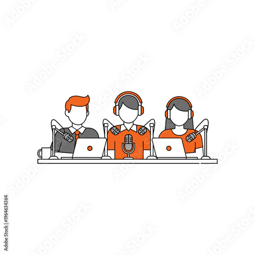 Three people broadcasting a podcast or radio show in a studio setting with microphones.