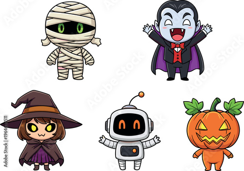 Halloween Themed Cute Character Set with Mummy, Vampire, Witch, Robot, and Pumpkin for Fun Holiday Illustrations