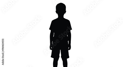 Striking black silhouette illustration of a young boy standing with hands at his sides against white vector background