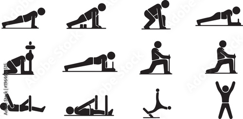 Fitness workout stick figure icons, set of 12 gym exercise vector symbols, black silhouette people doing pushups and planks for training apps isolated PNG with Transparent Background