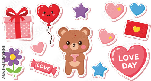 Cute Kawaii Valentine Sticker Set Featuring Teddy Bear, Hearts, Gift Box, Envelope, Balloon, Candy, Flower, and Love Day Elements for Romantic Design