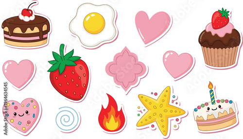 Cute Kawaii Love and Dessert Icon Set Featuring Hearts, Strawberry, Cupcake, Cake, Starfish, Egg, Flame, and Sweet Cartoon Elements for Sticker Design