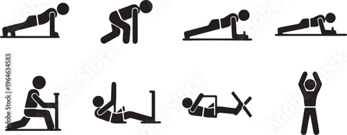 Fitness exercise stick figure icons, set of 8 workout vector elements, black silhouette gym training poses for health and wellness apps isolated PNG with Transparent Background