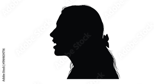 Striking black vector illustration of a woman's profile featuring an open mouth and tied back hair.