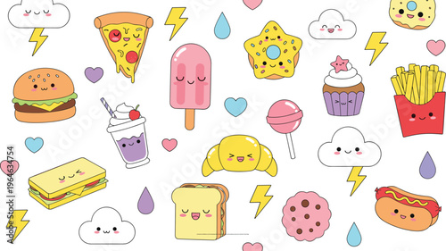 Cute Kawaii Food and Weather Icon Set Featuring Burger, Pizza, Ice Cream, Croissant, Cupcake, Clouds, Lightning, and Sweet Cartoon Elements for Sticker Design