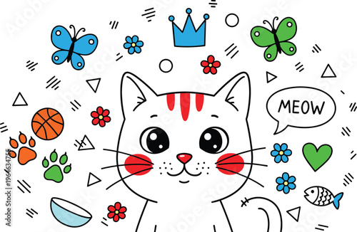 Cute Cartoon Cat Illustration with Doodle Elements Featuring Butterfly, Crown, Fish, Paw, Flowers, and Meow Speech Bubble for Kids Design