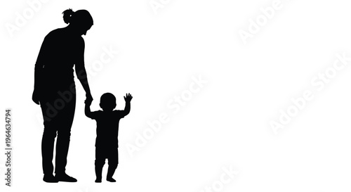 Black silhouette vector graphic illustration showing mother holding toddler's hand while teaching him balance