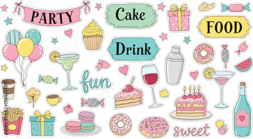 Cute Party and Food Sticker Icon Set Featuring Cake, Drinks, Donuts, Gifts, Balloons, Cocktails, and Sweet Elements for Celebration Design