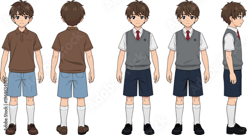 Boy Character with Multiple Outfit Variations and Poses in Casual and Formal School Uniforms for Educational Illustrations