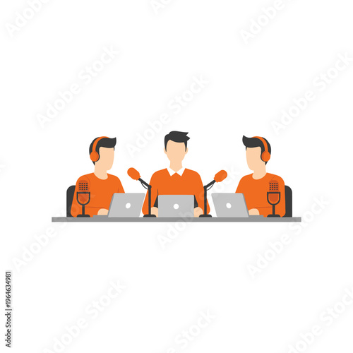 Three men broadcasting a podcast or radio show from a table with microphones and laptops.